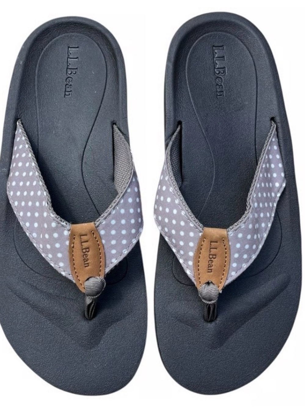 L.L.Bean Maine Isle Gray-White Polka Dot Thong Sandals with Brown Footbed